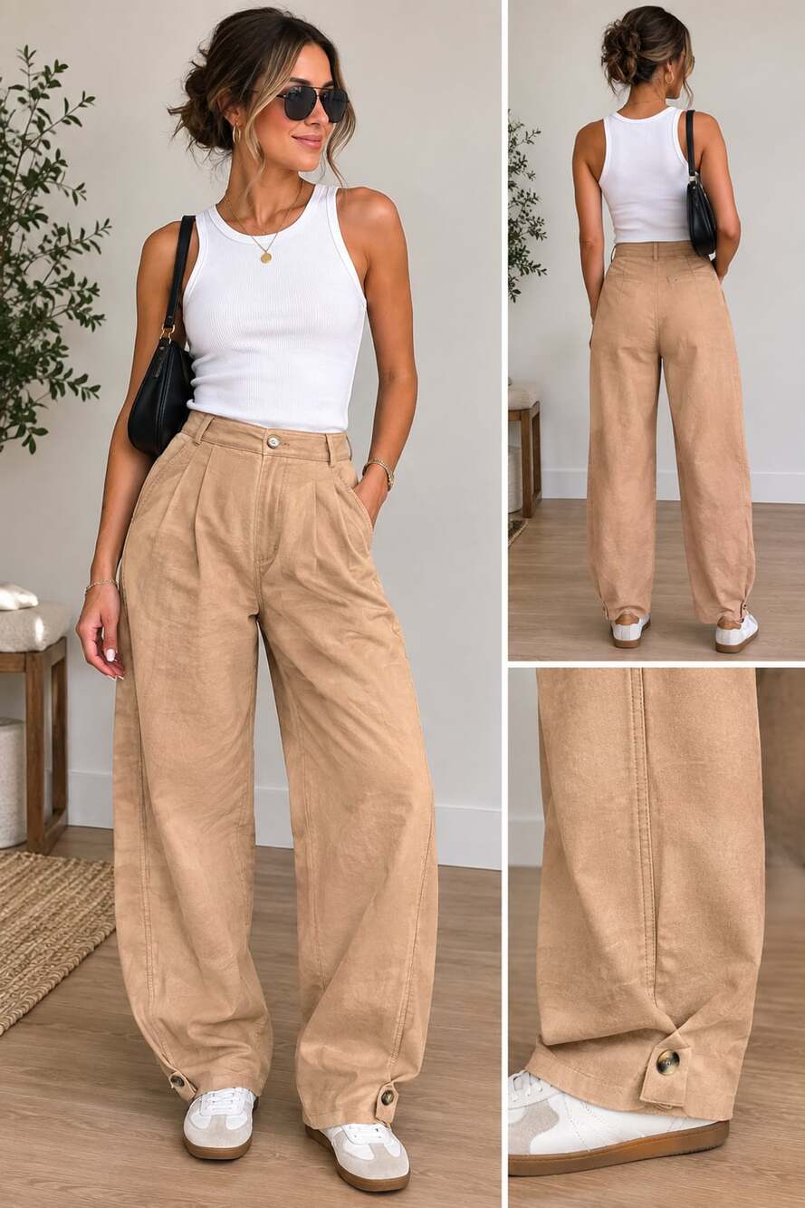 Zara Pleated Wide Leg Pants Size XS Tan Button Hem Trousers